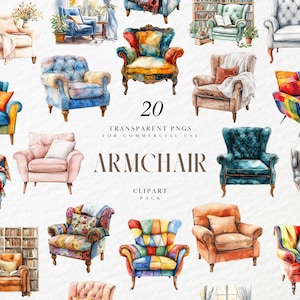 Aquarell Sessel Clipart, Vintage Stuhl, gemütliches Wohnzimmer, rustikale Wohnkultur, Innenbestuhlung, transparente PNG-Grafik, kommerzielle Nutzung