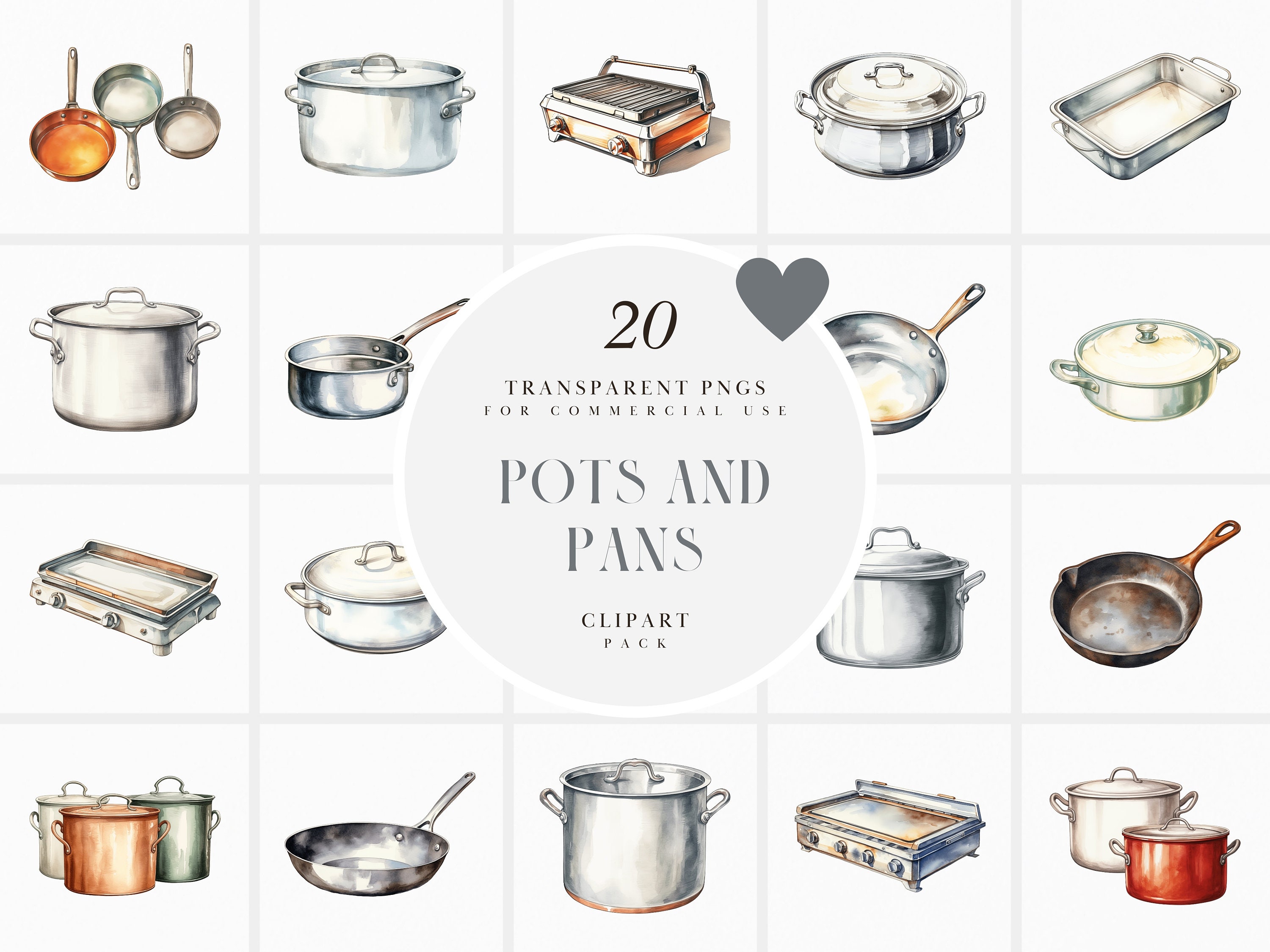 Watercolor Pots and Pans Clipart, Cookware, Kitchenware, Restaurant Kitchen Utensils, Cooking, Transparent PNG Graphics, Commercial Use