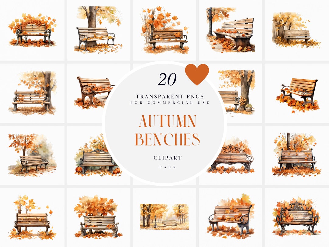 Watercolor Autumn Wooden Bench Clipart, Fall Wood Bench Clipart, Fall ...