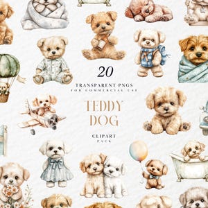 May include: A collection of 20 transparent PNGs of watercolour teddy dog illustrations. The images show dogs in various poses, including sitting, wearing clothes, and riding in a car or airplane. The colour palette is soft and pastel.