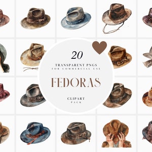 May include: A collection of 20 watercolor fedora hats in various colors, including brown, gray, and blue. The hats are depicted with different band and ribbon details. Text on the image reads "20 Transparent PNGs for Commercial Use. Fedoras Clipart Pack."