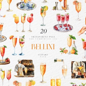 Clipart de cóctel Bellini de acuarela, bebida alcohólica mixta de melocotón, clipart de menú de bar de bodas, bar pub, gráfico PNG transparente, uso comercial