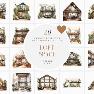 Clipart de espaço de loft em aquarela, clipart de apartamento de loft, clipart de apartamento artístico, estúdio de bacharelado industrial, PNG transparente, uso comercial