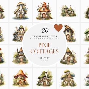 Acquerello Pixie Cottage Clipart, Clipart Pixie Cabin, Whimsical Pixie Cabins, Cute Fantasy Pixie Cottages, PNG trasparente, Uso commerciale