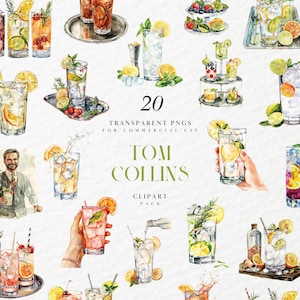Aquarell Tom Collins Cocktail Clipart, alkoholisches Mixgetränk, Hochzeit Bar Menü Clipart, Bar, Pub, transparente PNG Grafik, kommerzielle Nutzung