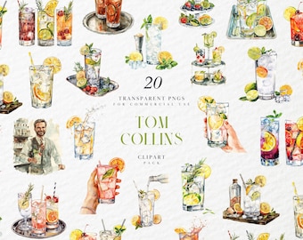 Watercolor Tom Collins Cocktail Clipart, Alcoholic Mixed Drink, Wedding Bar Menu Clipart, Bar, Pub, Transparent PNG Graphics, Commercial Use
