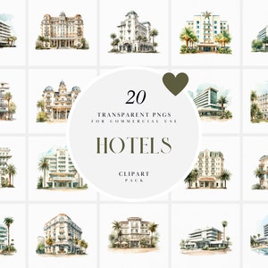 Aquarelle hôtel des cliparts, clipart hôtels de vacances, clipart hôtel de voyage de villégiature, bâtiment d'hôtel moderne, impression PNG Transparente, usage Commercial