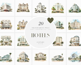 May include: A set of 20 watercolor illustrations of hotels, perfect for adding a touch of elegance to your designs.  The illustrations are in a variety of styles, from classic to modern, and feature details like palm trees, pools, and balconies.  The illustrations are available as transparent PNGs, making them easy to use in any design project.