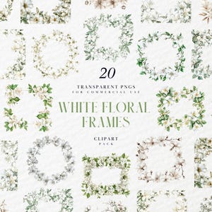 Op de afbeelding: Een set van 20 witte bloemenkaders, perfect om een ​​toets van elegantie aan uw ontwerpen toe te voegen. De frames zijn gemaakt van aquarel illustraties van witte bloemen en groen, en zijn beschikbaar als transparante PNG-bestanden voor commercieel gebruik.