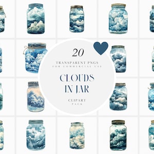 Peut inclure: Un ensemble de 20 images clipart numériques de nuages aquarelle dans des bocaux en verre. Les bocaux sont transparents et les nuages sont de couleur bleu clair. Les images sont parfaites pour ajouter une touche de fantaisie à vos créations.