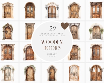 Watercolor Wooden Door Clipart, Old Wood Doors Clipart, Double Doors Clipart, Brown Rustic Doors, Transparent PNG Graphics, Commercial Use