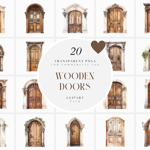 Watercolor Wooden Door Clipart, Old Wood Doors Clipart, Double Doors Clipart, Brown Rustic Doors, Transparent PNG Graphics, Commercial Use
