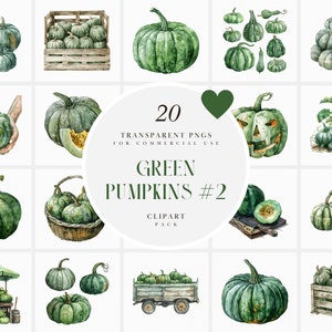 May include: A set of 20 digital clipart images of green pumpkins in various poses and arrangements. The images are perfect for adding a touch of fall to your designs.