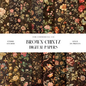 May include: A set of 20 digital papers featuring a brown floral pattern with a vintage aesthetic. The papers are 12x12 inches and are for commercial use.