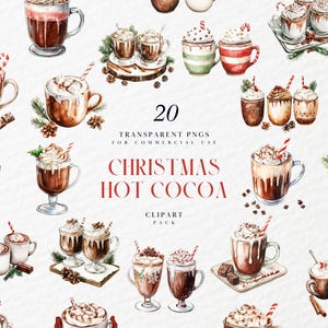 Clipart di cioccolata calda natalizia ad acquerello, cioccolata calda dolce, granella, panna montata, marshmallow, Natale, PNG trasparente, uso commerciale