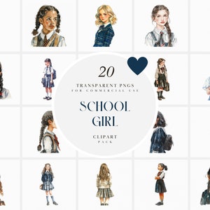 Acquerello School Girl Clipart, School Girls Clipart Ragazza in uniforme elementare, scuola media, scuola superiore, PNG trasparente, uso commerciale