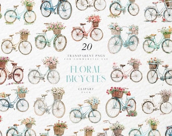 Imágenes prediseñadas de bicicletas con flores en acuarela, estética de bicicleta vintage, ramos de cestas para papelería de boda, gráficos PNG transparentes, uso comercial