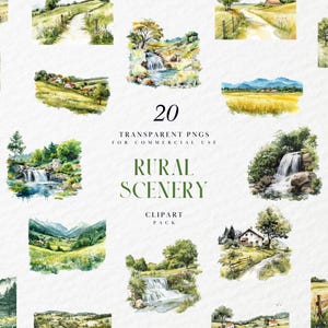 Aquarell ländliche Szenerie Clipart, Landschaftsszene, Malerische Landschaft, Grünes offenes Land, Hügel, Flache, transparente PNG-Grafik, kommerzielle Nutzung