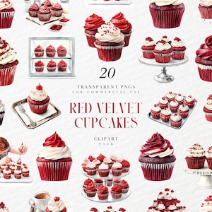 Aquarell Red Velvet Cupcakes Clipart, Frischkäse-Zuckerguss, Gourmet-Bäckerei-Dessert, Party-Lack, transparenter PNG, kommerzielle Nutzung