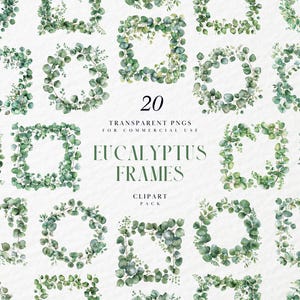 Watercolor Eucalyptus Frames Clipart, Borders, Page Corner Banner, Square, Oval, Circle Frame Clipart, Transparent PNG, Commercial Use