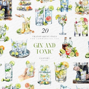 Clipart aquarelle cocktail gin tonic, illustration de boisson alcoolisée highball, menu de bar de mariage, pub, PNG transparent, usage commercial