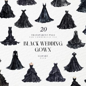 Watercolor Black Wedding Dresses Clipart, Black Wedding Dress Clipart