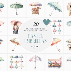 Clipart ombrello pastello acquerello, clipart ombrelli pastello, clipart giorno di pioggia, clipart asilo nido, grafica PNG trasparente, uso commerciale