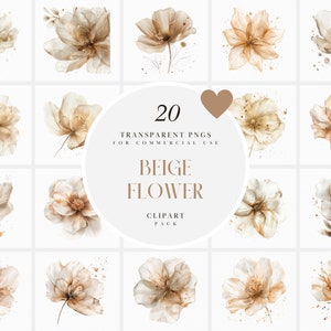 Aquarelle Boho Chic fleur beige Clipart, fleurs transparentes, fleurs opaques, translucide, graphiques PNG transparents, usage Commercial