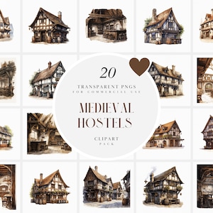 Watercolor Medieval Hostel Clipart, Medieval House Clipart, Middle Ages European Medieval Home Clipart, Transparent PNG Print Commercial Use