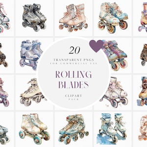 May include: A set of 20 watercolor illustrations of rollerblades in various colors and styles. The illustrations are on a white background and are perfect for digital scrapbooking, card making, and other creative projects.