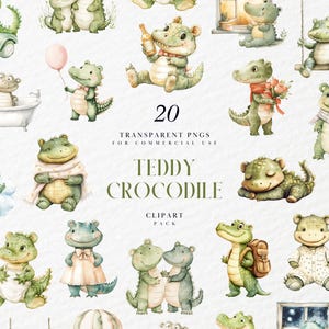 May include: A set of 20 transparent PNGs showcasing charming watercolour illustrations of teddy bear-style crocodiles. The clipart pack includes various poses and scenes, such as crocodiles with balloons, in bathtubs, and with backpacks.