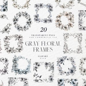 May include: A set of 20 gray floral frames, perfect for adding a touch of elegance to your designs. These frames are made with watercolor and are available as transparent PNG files for commercial use.