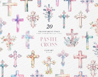 Aquarel pastel kruis clipart, boho paasdoop, religieuze illustratie, bloemen kruisbeeld, transparante png-afbeeldingen, commercieel gebruik