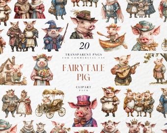 May include: A collection of 20 watercolor clipart images featuring anthropomorphic pigs in various fairytale settings. Pigs are dressed in period clothing, some with musical instruments, and the text "FAIRYTALE PIG" is displayed.