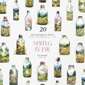 Pode incluir: Um conjunto de 20 ilustrações de aquarela de cenas de primavera dentro de frascos de vidro. Os frascos são transparentes e têm tampas de cortiça. As cenas incluem flores, árvores, montanhas e rios. As ilustrações são perfeitas para adicionar um toque de primavera aos seus projetos.