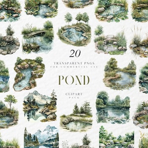 Aquarell Teich Clipart, friedliche Landschaftsszene mit Seerosenblättern, transparente PNG-Grafik, kommerzielle Nutzung