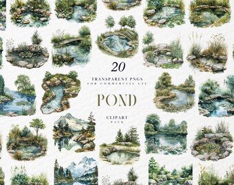 Aquarell Teich Clipart, friedliche Landschaftsszene mit Seerosenblättern, transparente PNG-Grafik, kommerzielle Nutzung