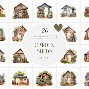 Imágenes prediseñadas de cobertizo de jardín de acuarela, imágenes prediseñadas de cobertizos de jardín, cobertizo de granja, cobertizo Cottagecore de corral, ilustración PNG para uso comercial