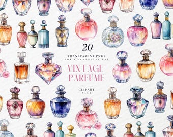 Watercolor Vintage Perfume Bottles Clipart, Vintage Perfume Bottle Clipart, Pastel Princess Perfume Clipart, Transparent PNG, Commercial Use