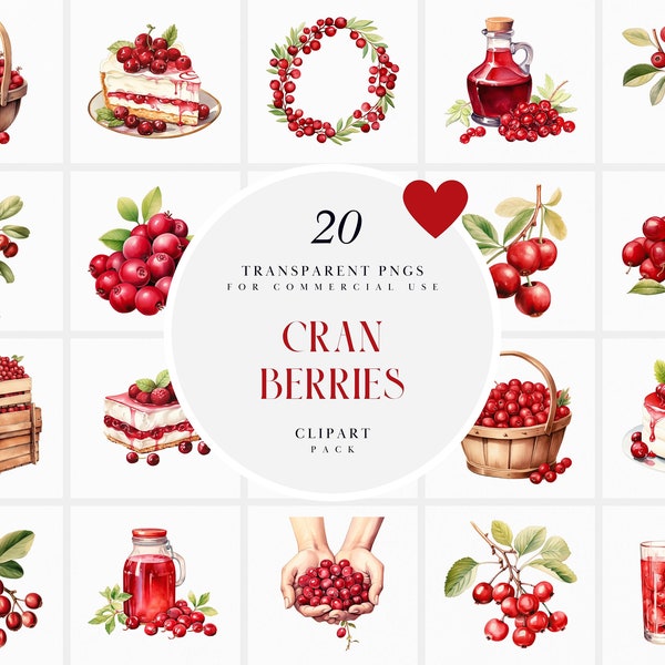 Watercolor Cranberries Clipart, Cranberry Clipart, Cherry Fruit Berries Clipart, Printable Graphics Transparent PNG Files for Commercial Use