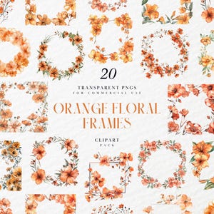 Watercolor Orange Floral Photo Frame Clipart, Page Corner, Banner, Page Border, Decorative Elements, Transparent PNG Graphic, Commercial Use