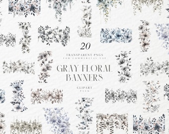 Watercolor Gray Floral Banners Clipart, Vintage Ribbon Scroll Frame, Botanical Wedding Label Art, Transparent PNG Graphics, Commercial Use