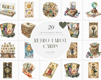 Watercolor Retro Tarot Cards Clipart, Fortune Teller, The Rider, Major Minor Arcana, Magic Elements, Transparent PNG Graphic, Commercial Use