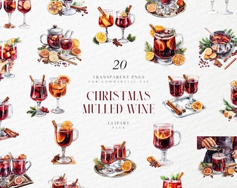 Watercolor Christmas Mulled Wine Clipart, Christmas Cocktail, Alcoholic Drink, Xmas, Holiday Season, Transparent PNG Graphic, Commercial Use