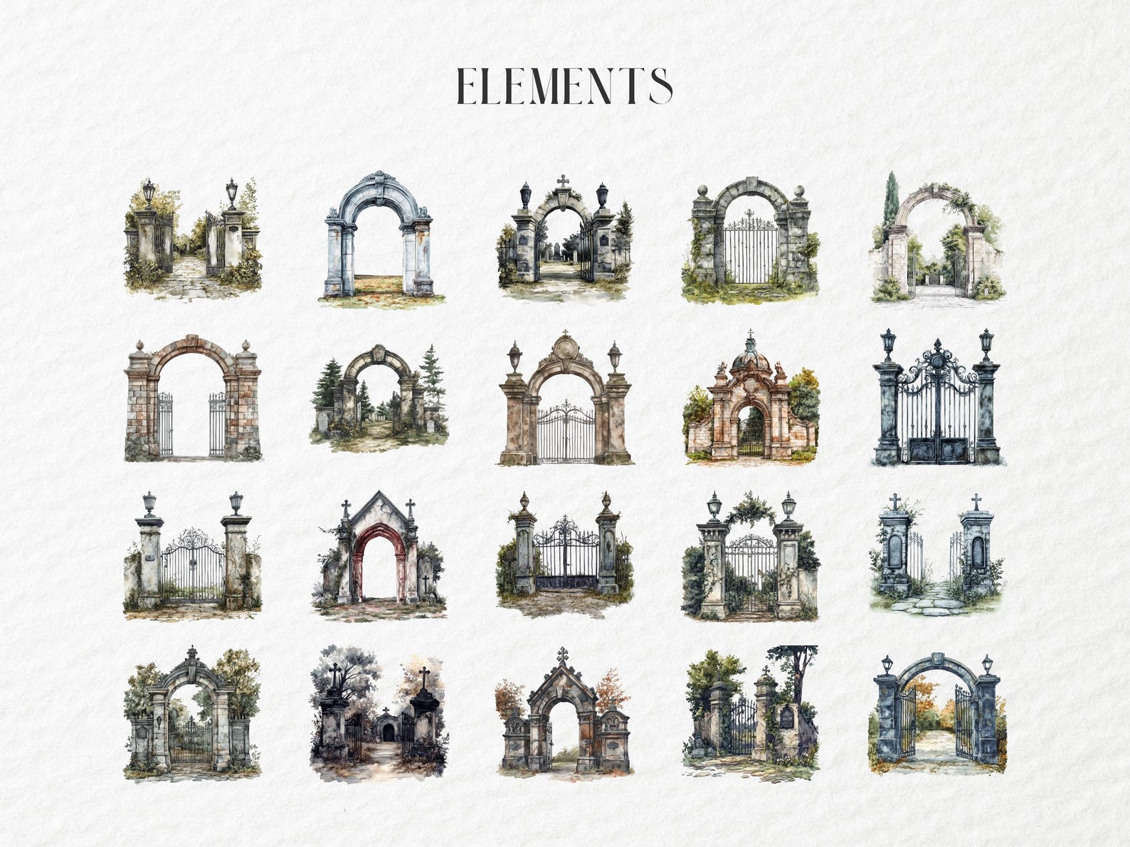 Watercolor Cemetery Entrance Clipart, Spooky Haunted Graveyard Gate ...