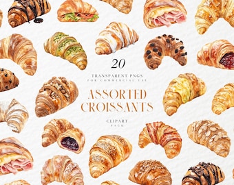 Watercolor Assorted Croissants Clipart, French Pastry Breakfast, Brunch Bakery Food Illustration, Transparent PNG Graphics, Commercial Use