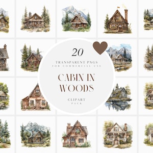 Clipart di cabina ad acquerello nel bosco, Clipart di cabina di legno accogliente, Clipart di cabina di tronchi, fuga nella natura, Cottagecore, PNG trasparente per uso commerciale