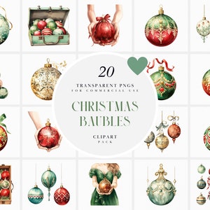 May include: A set of 20 watercolor Christmas baubles clipart images. The baubles are in various colors, including red, green, gold, and blue. Some baubles have intricate designs, while others are plain. The clipart images are perfect for adding a festive touch to your digital projects.