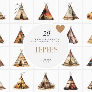 Clipart per tende Tepee ad acquerello, Clipart per tende Tipi, Clipart per tende Lodge, Clipart dei nativi americani, Grafica PNG trasparente, Uso commerciale