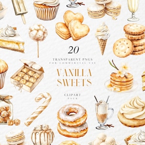 Akvarell vaniljgodis Clipart, blandade bageridesserter, kakor, kakor, glass, godisburkar, transparent PNG-grafik, kommersiellt bruk